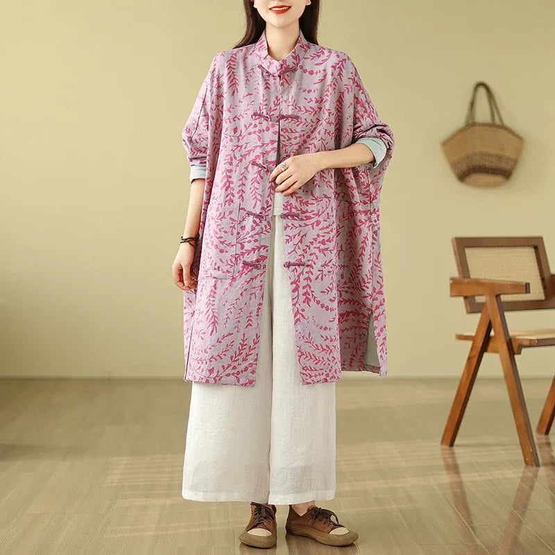 Retro Botanical Print Frog Button Mandarin Collar Tunic