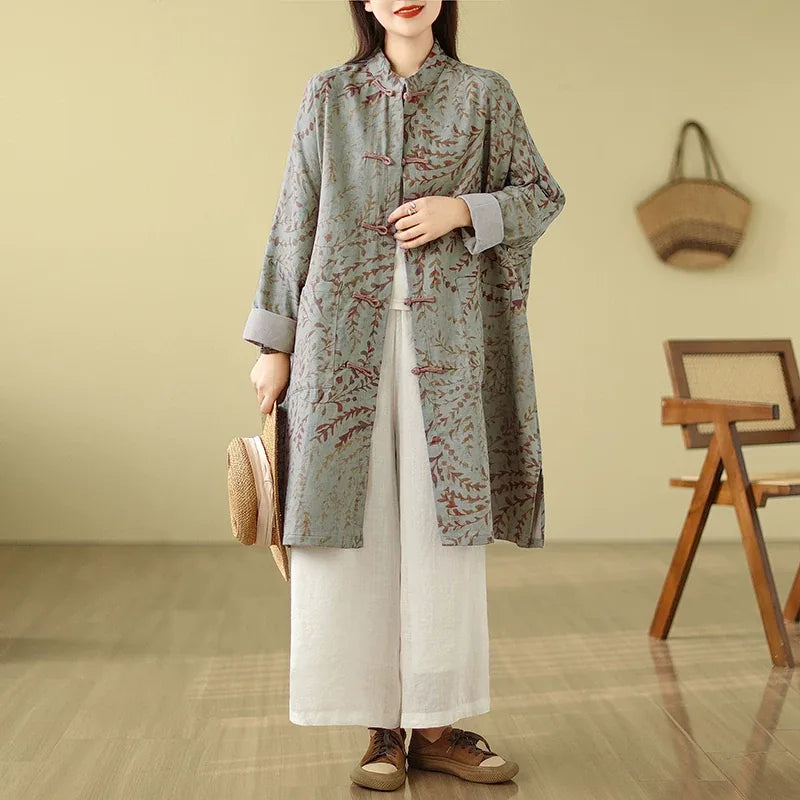 Retro Botanical Print Frog Button Mandarin Collar Tunic