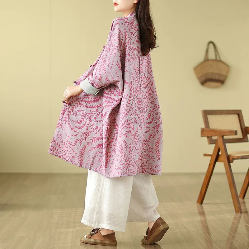 Retro Botanical Print Frog Button Mandarin Collar Tunic