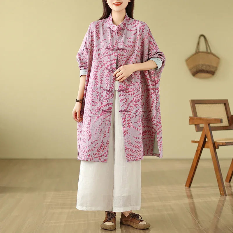 Retro Botanical Print Frog Button Mandarin Collar Tunic