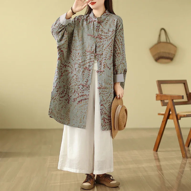 Retro Botanical Print Frog Button Mandarin Collar Tunic