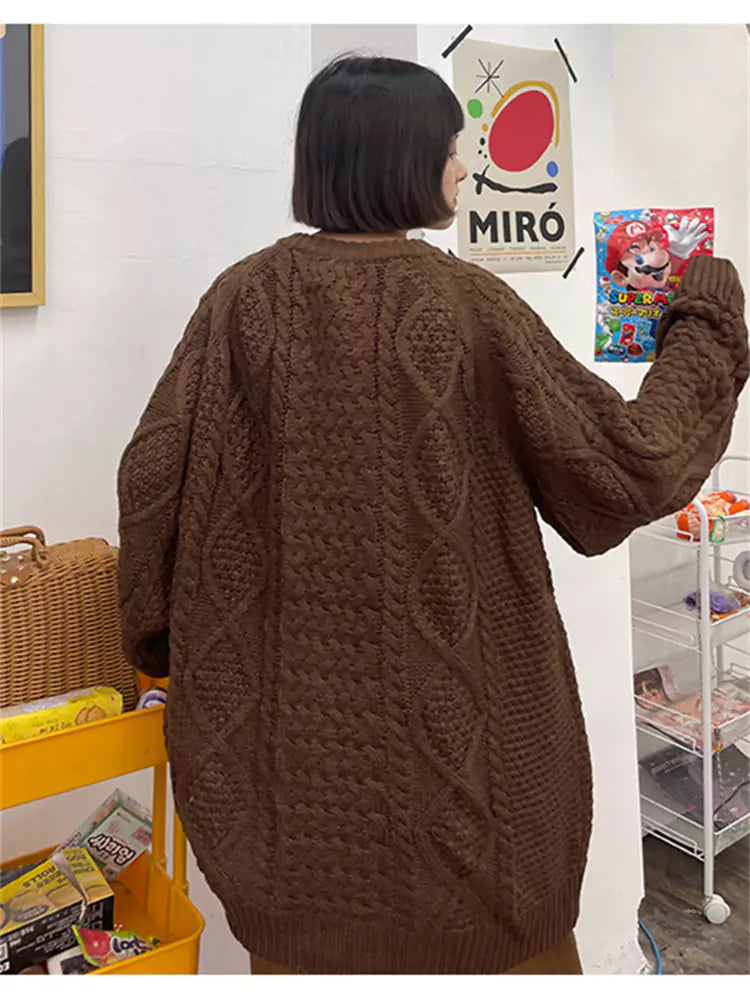 Retro-Strickjacke mit Zopfmuster, locker geschnitten