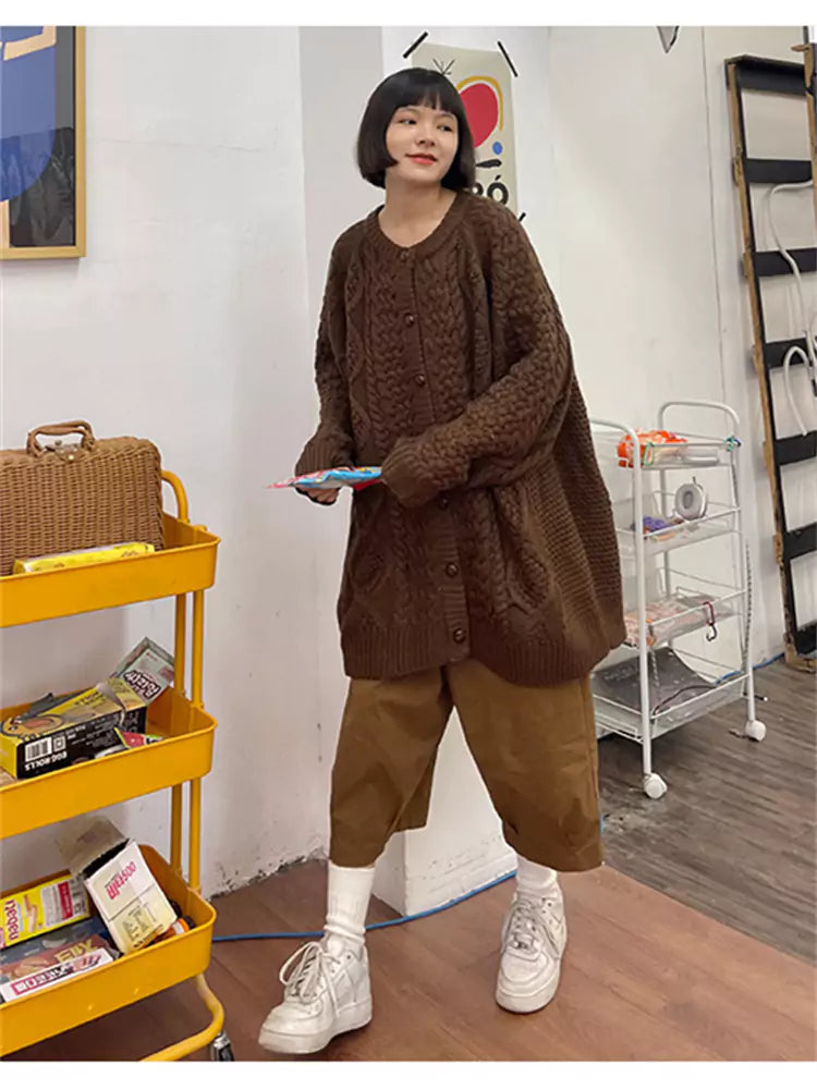 Retro-Strickjacke mit Zopfmuster, locker geschnitten