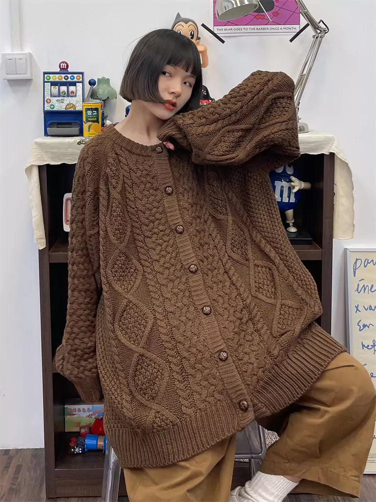 Retro-Strickjacke mit Zopfmuster, locker geschnitten
