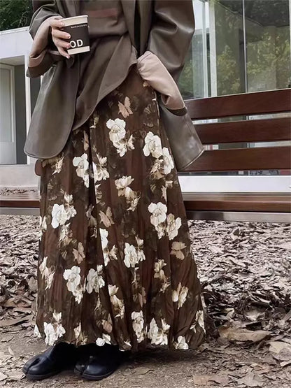 Falda plisada de cintura alta con estampado floral de camelia retro