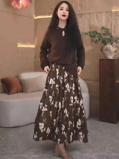 Falda plisada de cintura alta con estampado floral de camelia retro