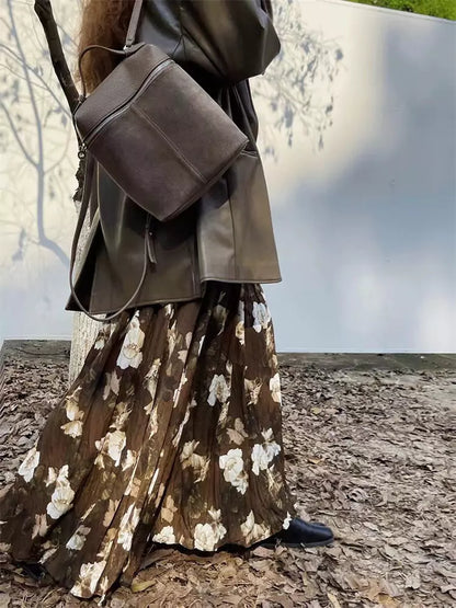 Falda plisada de cintura alta con estampado floral de camelia retro