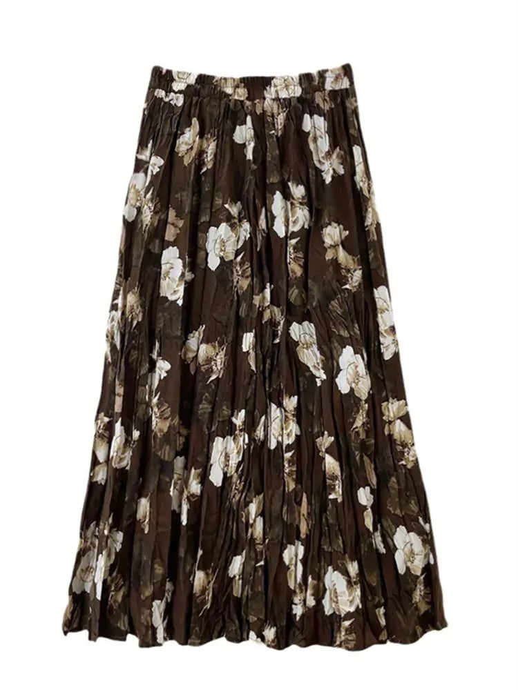 Retro Camellia Floral Pleated High Waist A-line Skirt