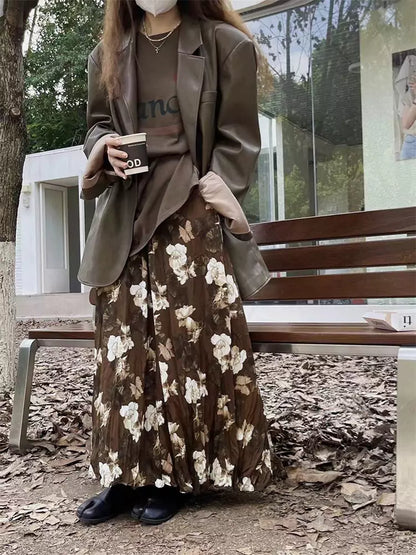 Falda plisada de cintura alta con estampado floral de camelia retro