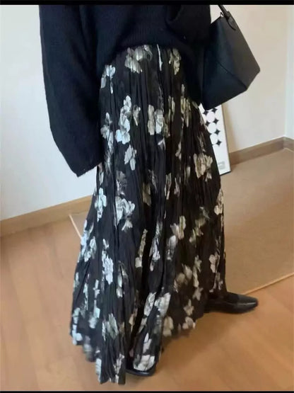 Falda plisada de cintura alta con estampado floral de camelia retro