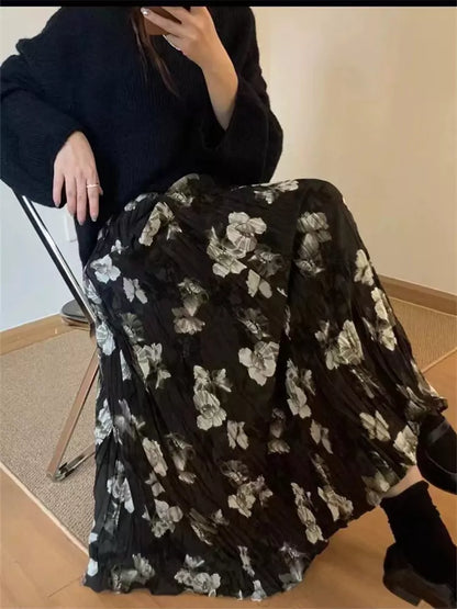 Falda plisada de cintura alta con estampado floral de camelia retro