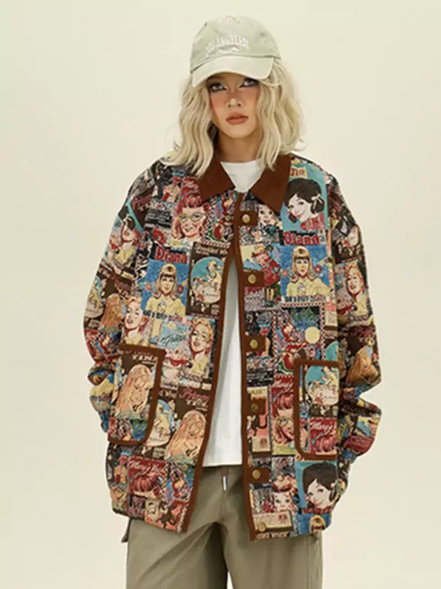 Retro Character Intarsia Collar Relaxed Jacket