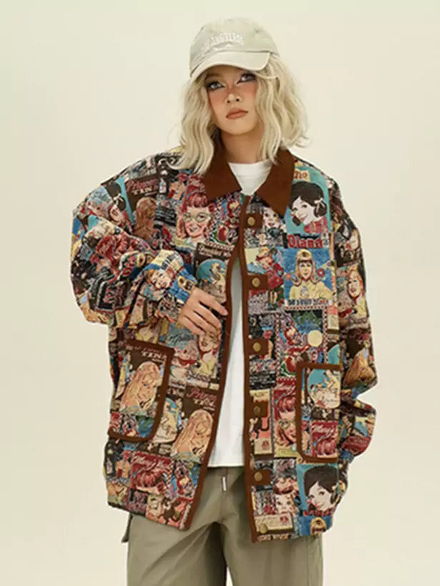 Retro Character Intarsia Collar Relaxed Jacket