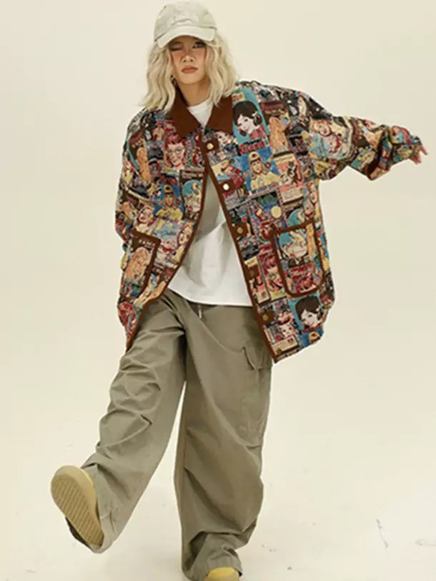 Retro Character Intarsia Collar Relaxed Jacket