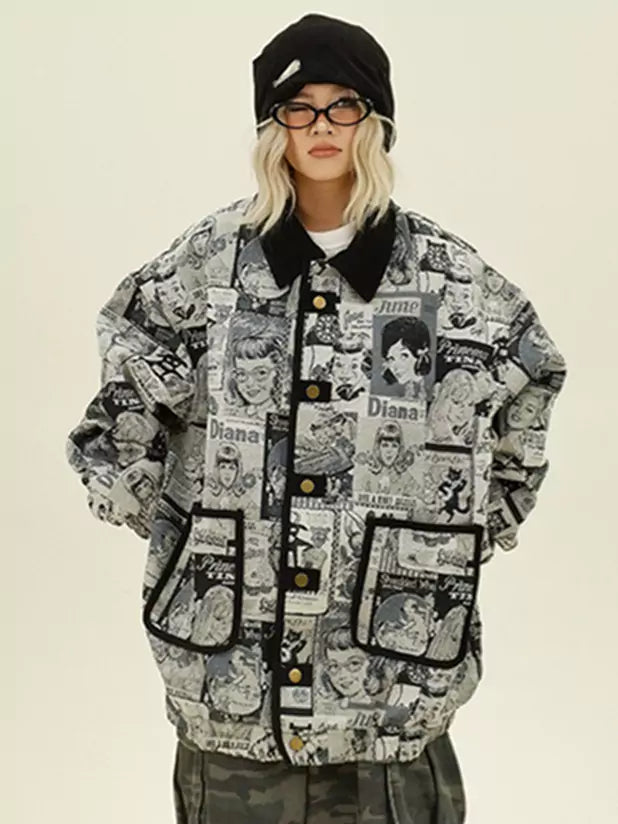 Retro Character Intarsia Collar Relaxed Jacket