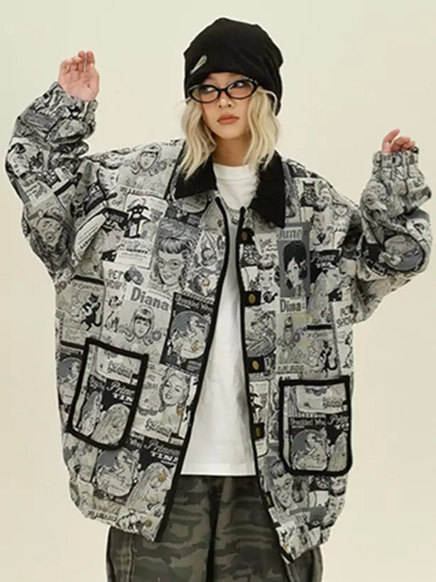 Retro Character Intarsia Collar Relaxed Jacket