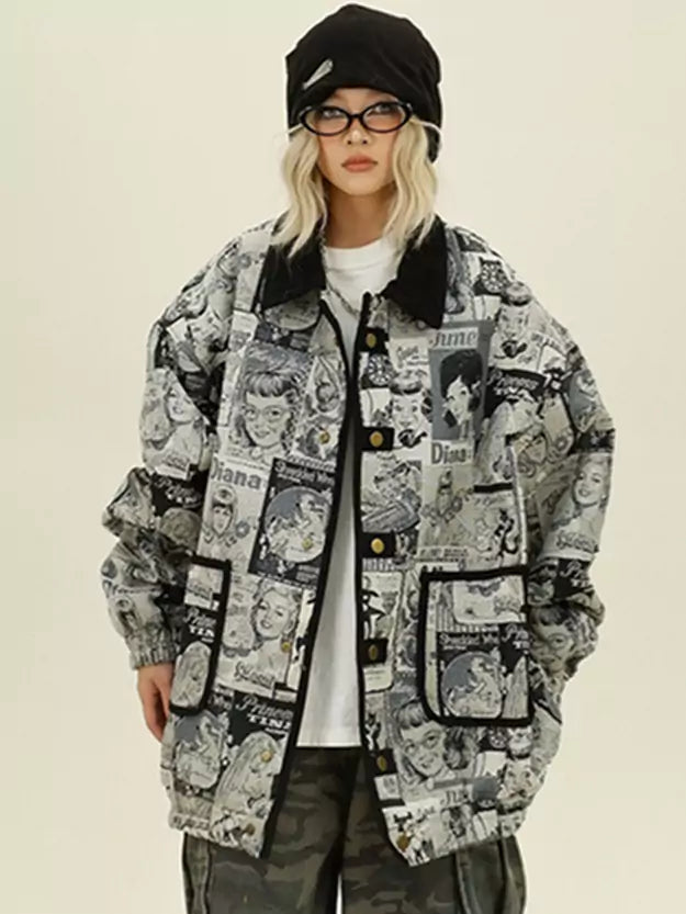 Retro Character Intarsia Collar Relaxed Jacket