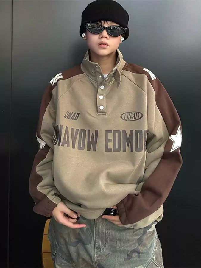 Retro Color-Blocked Button-Up Star Stand Collar Sweatshirt