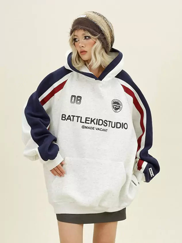 Retro Colorblock Letter Print Raglan Sleeve Hoodie