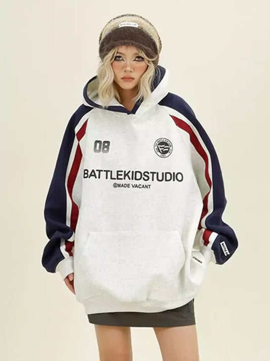 Retro Colorblock Letter Print Raglan Sleeve Hoodie