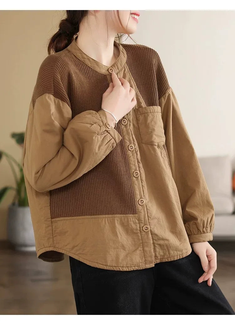 Retro Contrast Knit Panel Padded Jacket