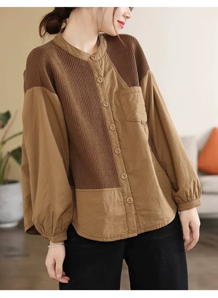 Retro Contrast Knit Panel Padded Jacket