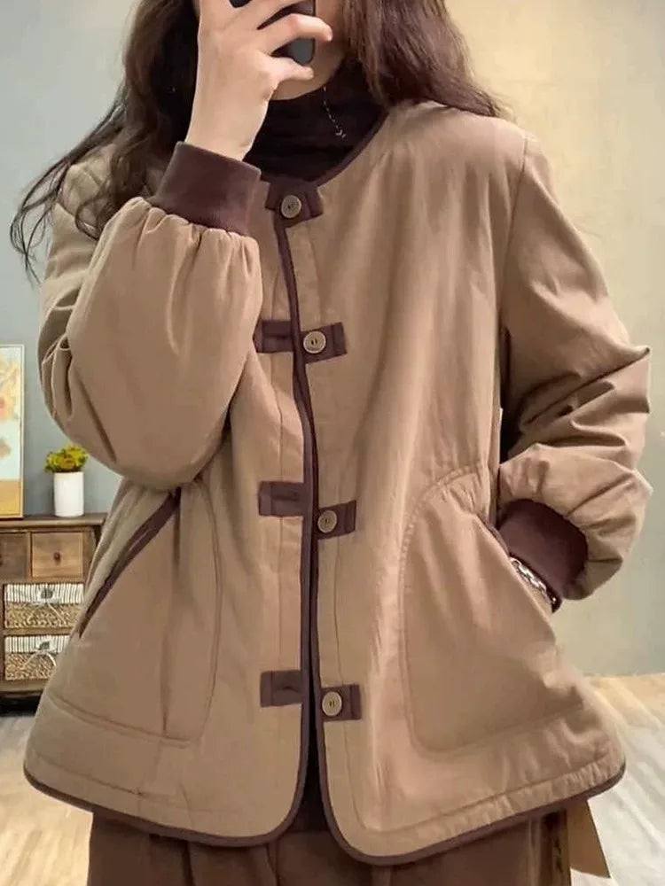 Retro Contrast Piping Patch Pocket Padded Jacket