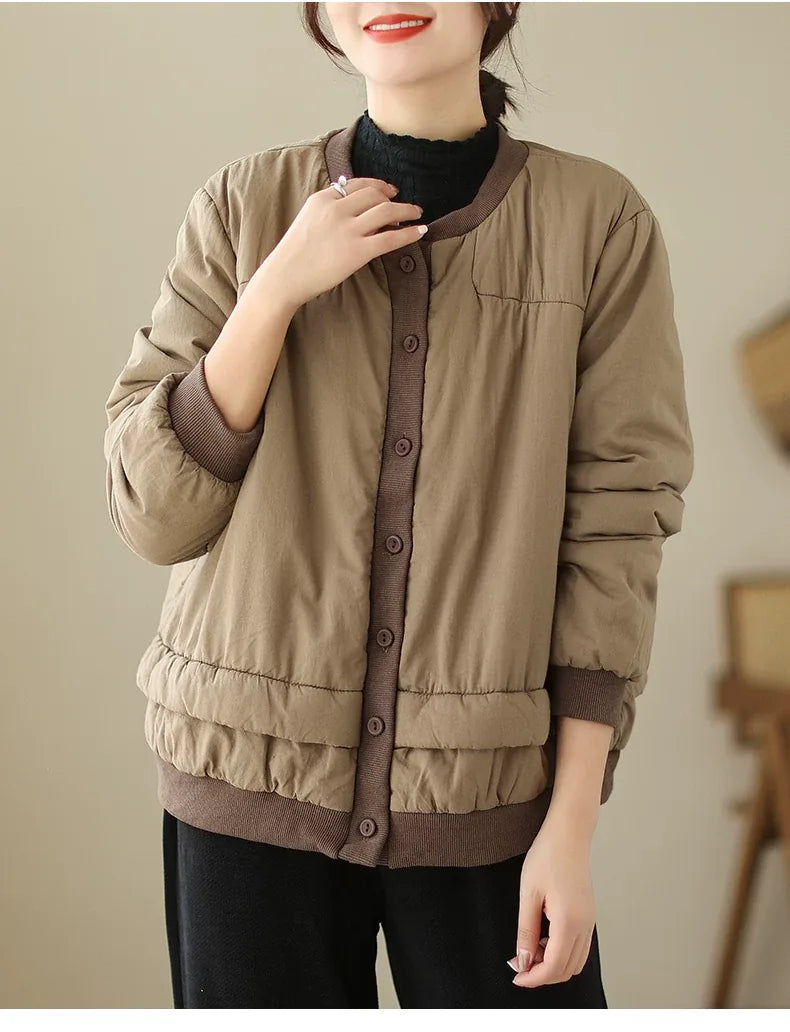 Retro Contrast Trim Quilted Padded Jacket Stand Collar