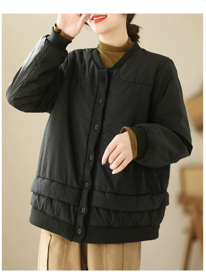 Retro Contrast Trim Quilted Padded Jacket Stand Collar