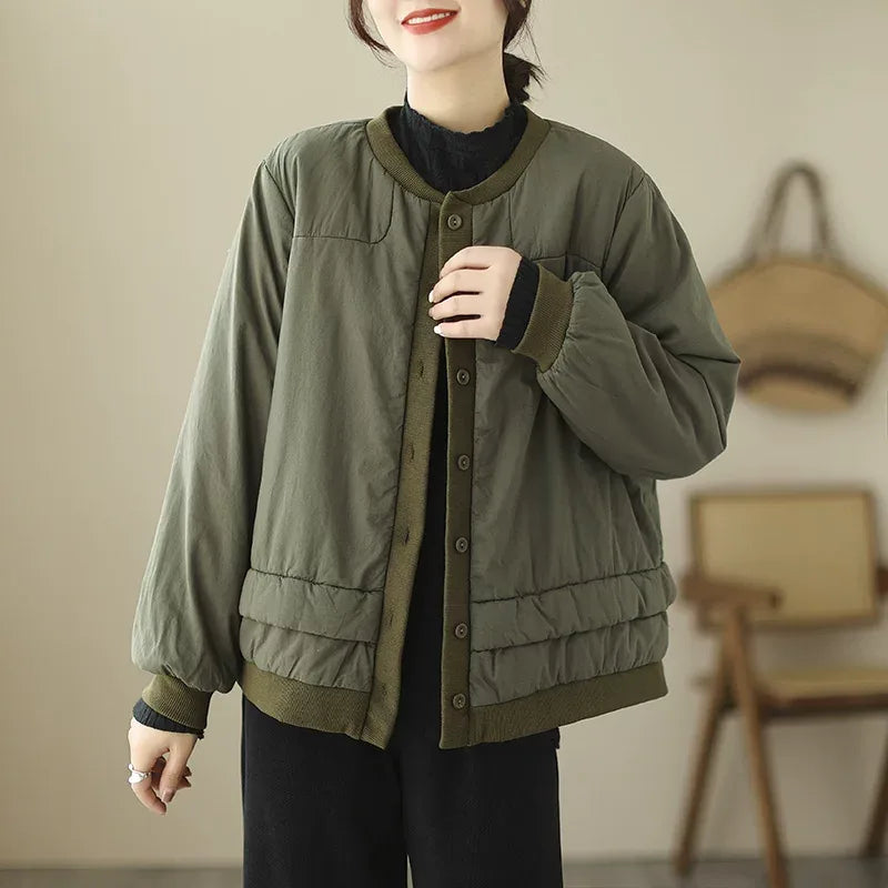 Retro Contrast Trim Quilted Padded Jacket Stand Collar
