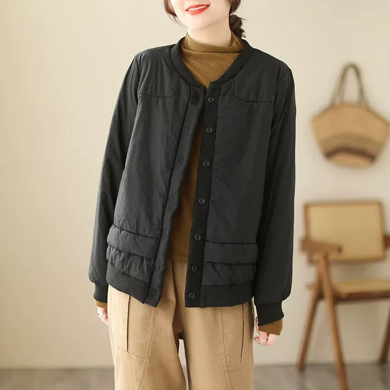 Retro Contrast Trim Quilted Padded Jacket Stand Collar