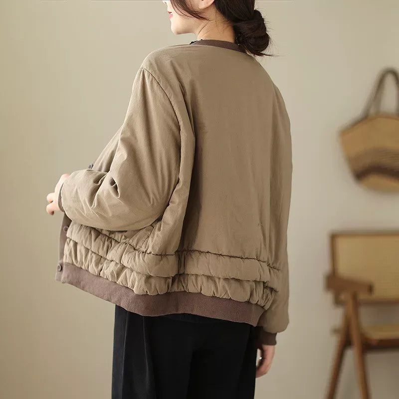 Retro Contrast Trim Quilted Padded Jacket Stand Collar