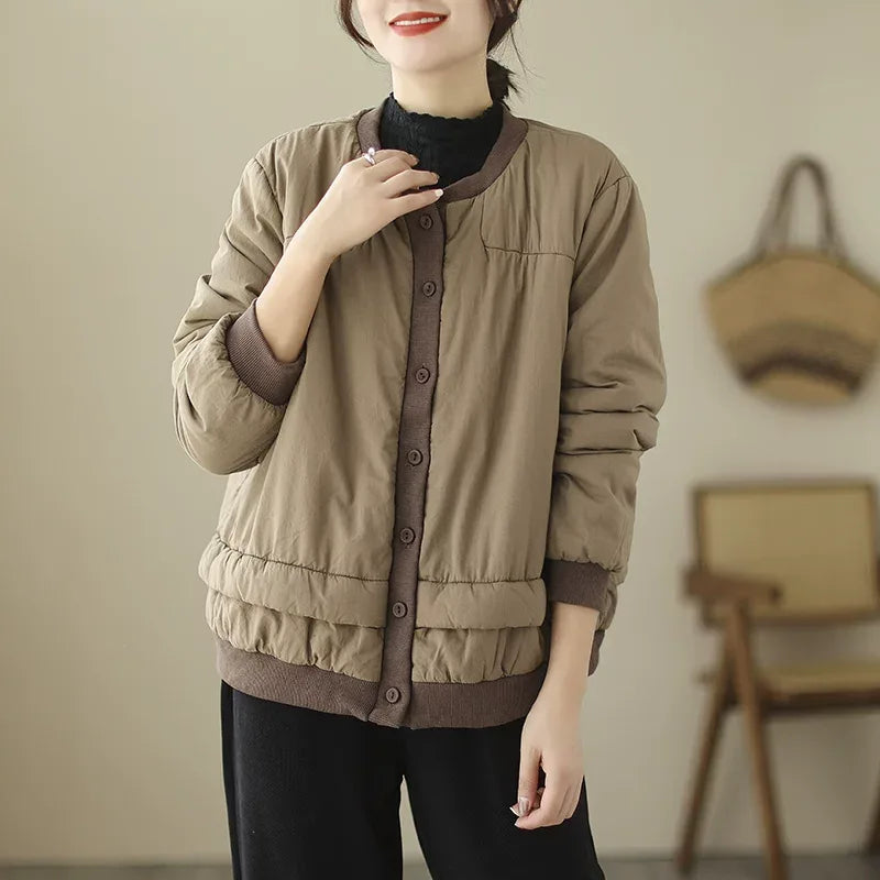 Retro Contrast Trim Quilted Padded Jacket Stand Collar