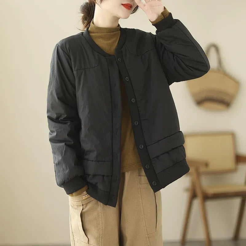 Retro Contrast Trim Quilted Padded Jacket Stand Collar
