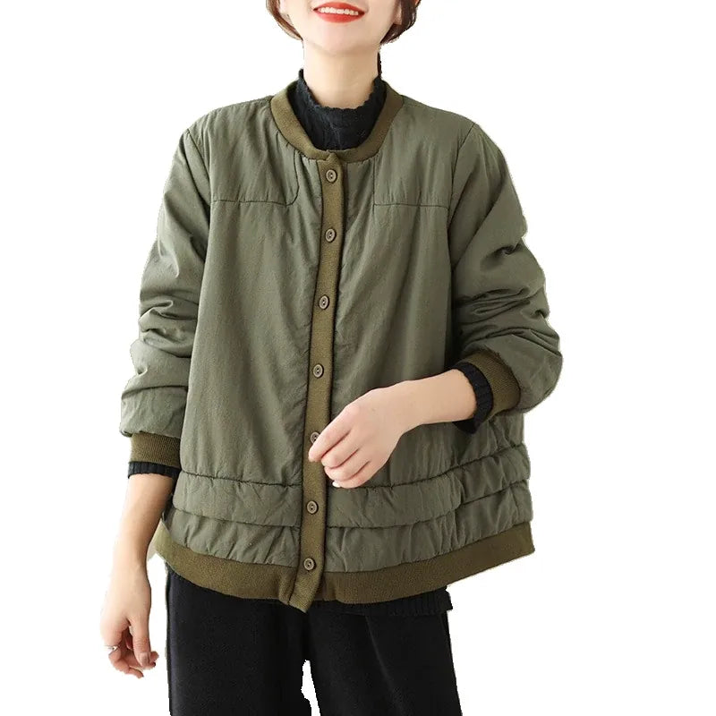 Retro Contrast Trim Quilted Padded Jacket Stand Collar