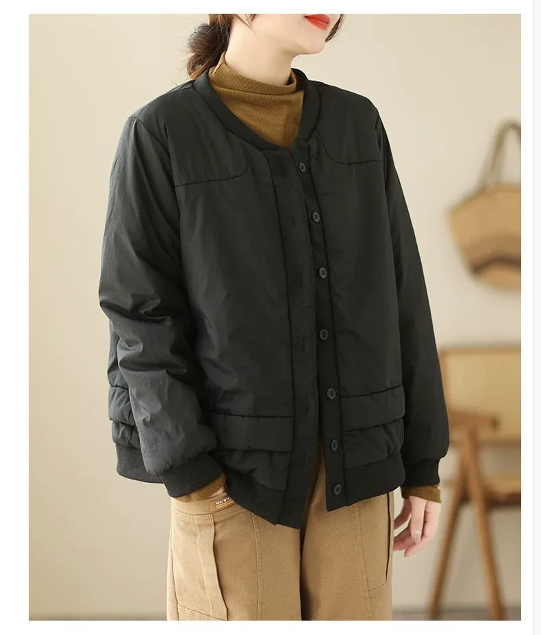Retro Contrast Trim Quilted Padded Jacket Stand Collar