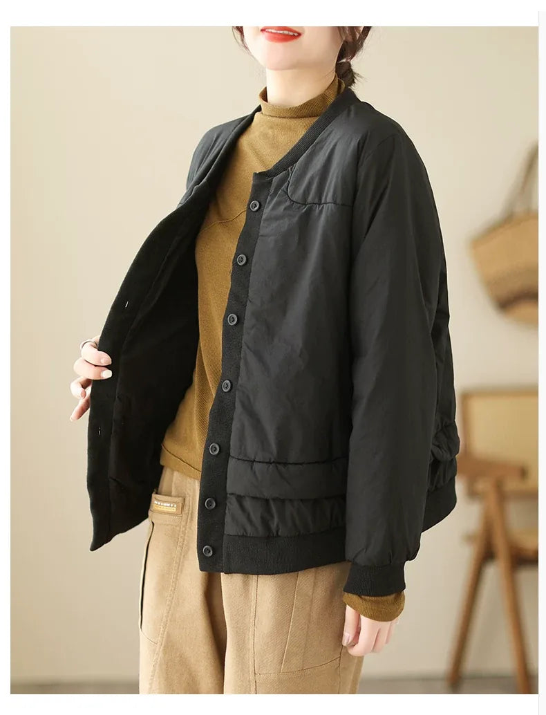 Retro Contrast Trim Quilted Padded Jacket Stand Collar