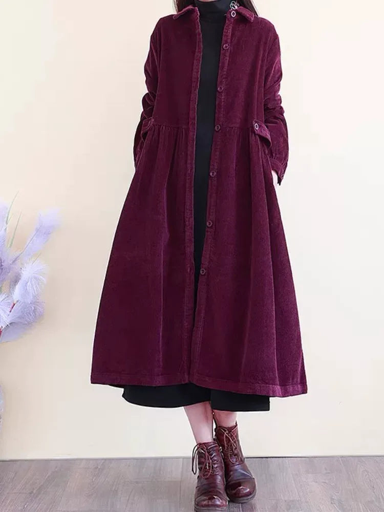 Retro Corduroy A-Line Long Coat with Shirt Collar
