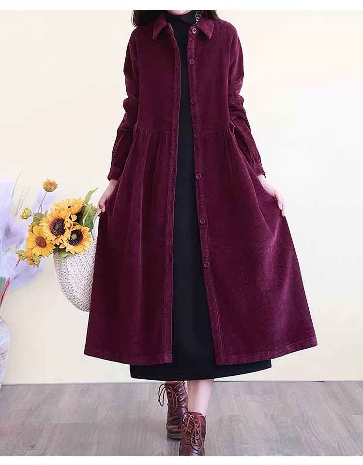 Retro Corduroy A-Line Long Coat with Shirt Collar