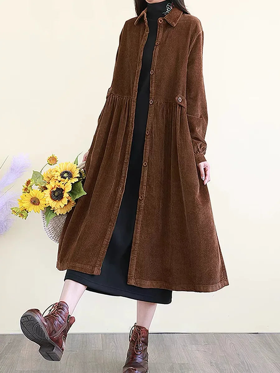 Retro Corduroy A-Line Long Coat with Shirt Collar