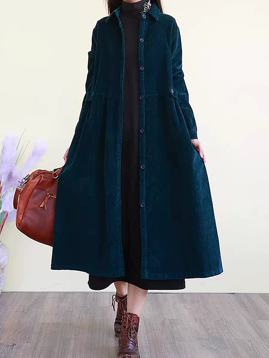 Retro Corduroy A-Line Long Coat with Shirt Collar