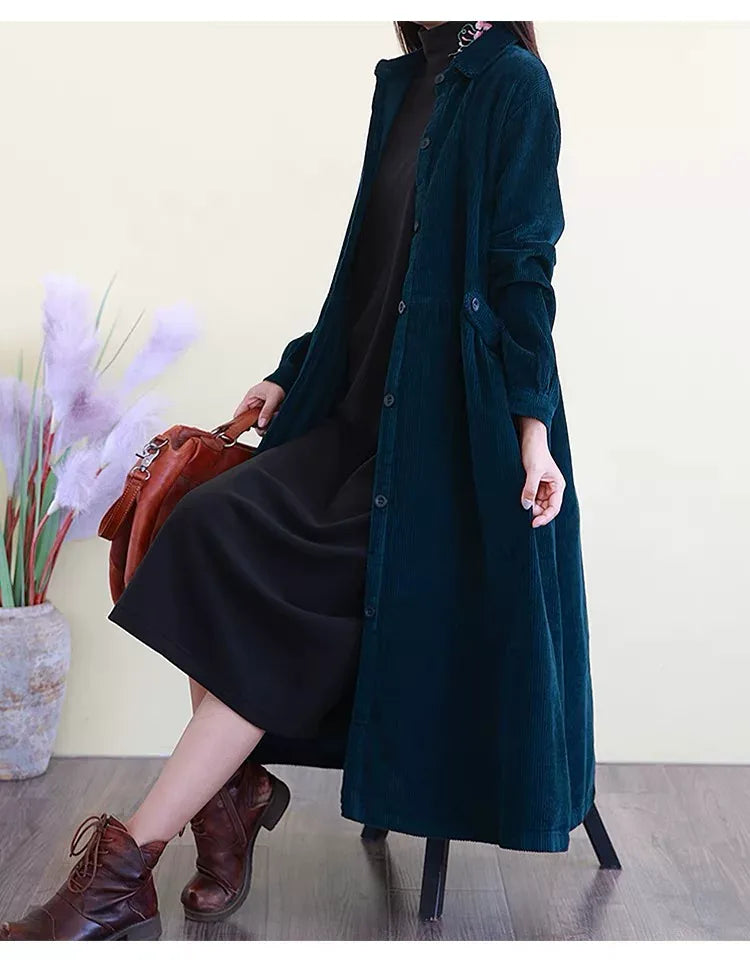 Retro Corduroy A-Line Long Coat with Shirt Collar