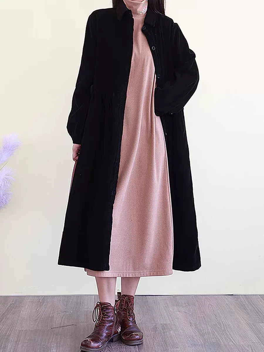 Retro Corduroy A-Line Long Coat with Shirt Collar