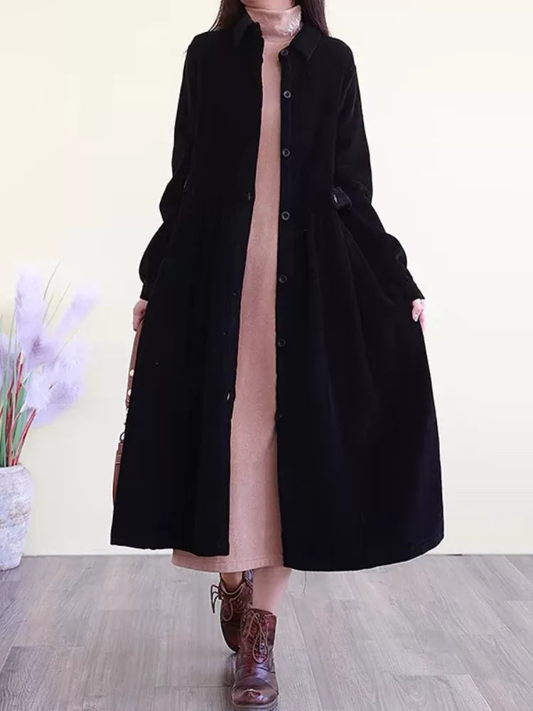 Retro Corduroy A-Line Long Coat with Shirt Collar