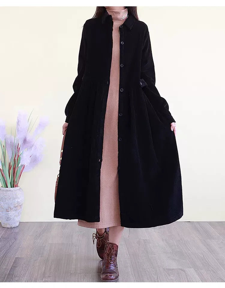 Retro Corduroy A-Line Long Coat with Shirt Collar