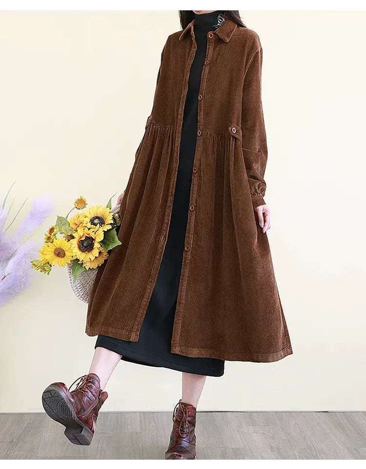 Retro Corduroy A-Line Long Coat with Shirt Collar