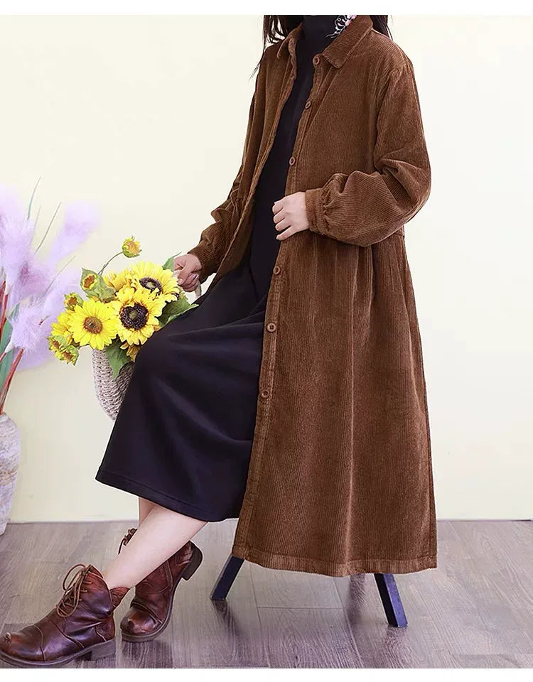 Retro Corduroy A-Line Long Coat with Shirt Collar