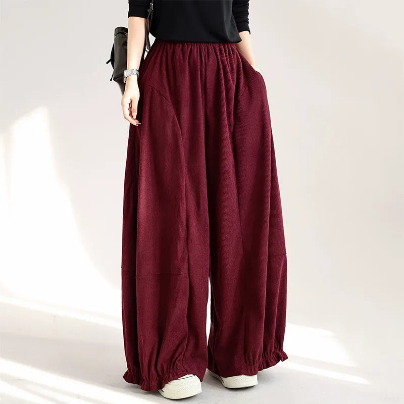 Retro Corduroy Balloon-Leg Pants Elastic Waist