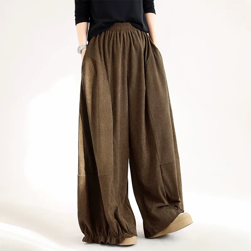Retro Corduroy Balloon-Leg Pants Elastic Waist