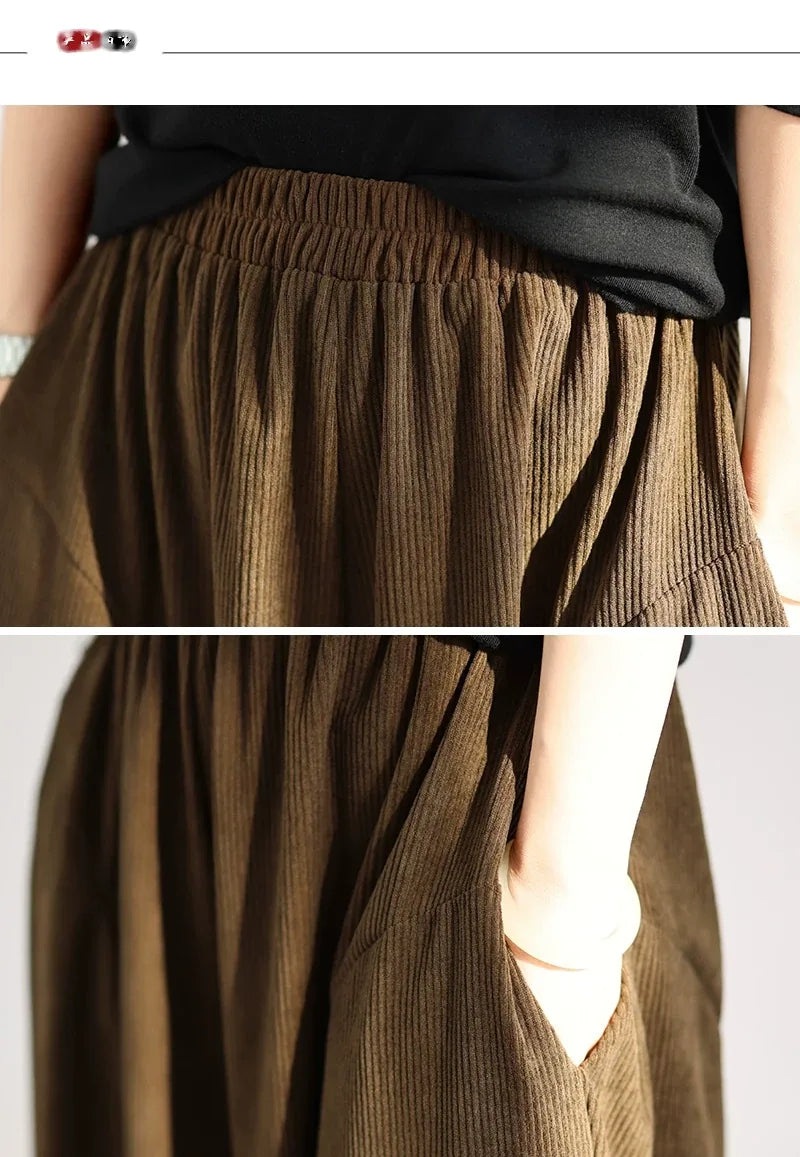 Retro Corduroy Balloon-Leg Pants Elastic Waist